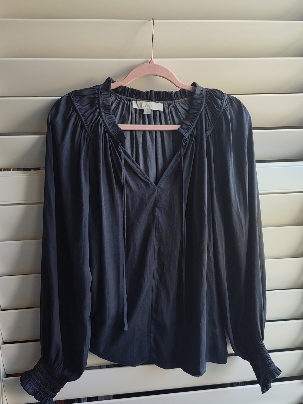 LOFT Grey V-Neck Tie Peasant Blouse